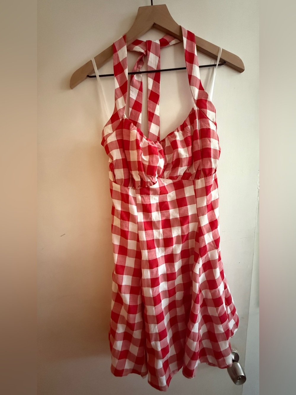 Collectif Red and White Gingham Halter A Line mini Sundress Shirred Back
